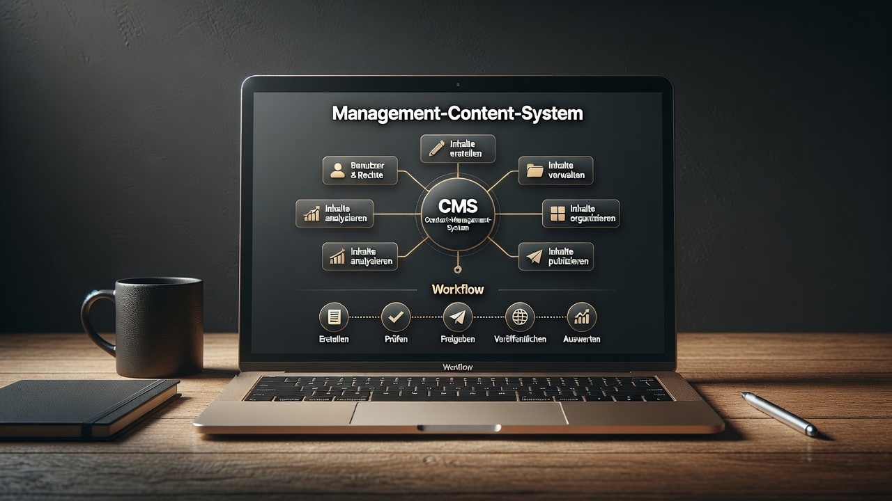 Laptop mit CMS-Content-Management-System Diagramm und Workflow auf dem Bildschirm