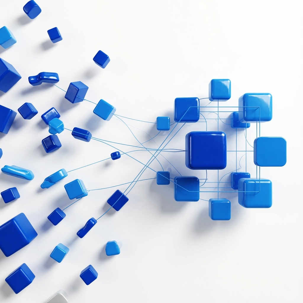 Vernetzte blaue Würfel auf weißem Hintergrund als Symbol für digitale Struktur und Vernetzung